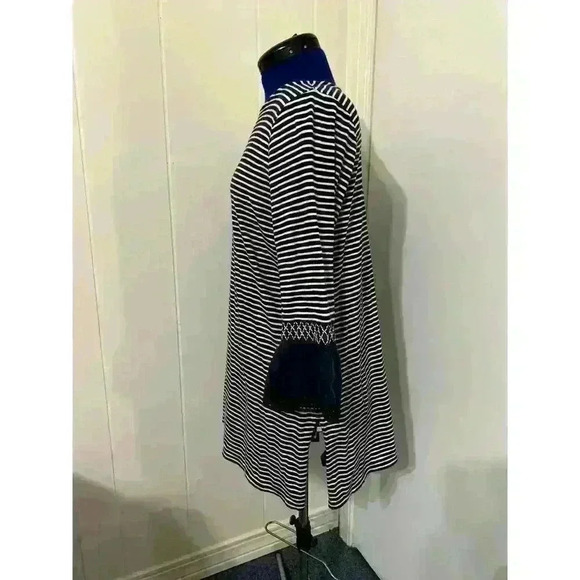 J Jill Cotton Model Navy Striped Smocked Bell Sleeve Tunic Top M Petite Artsy - Picture 2 of 9